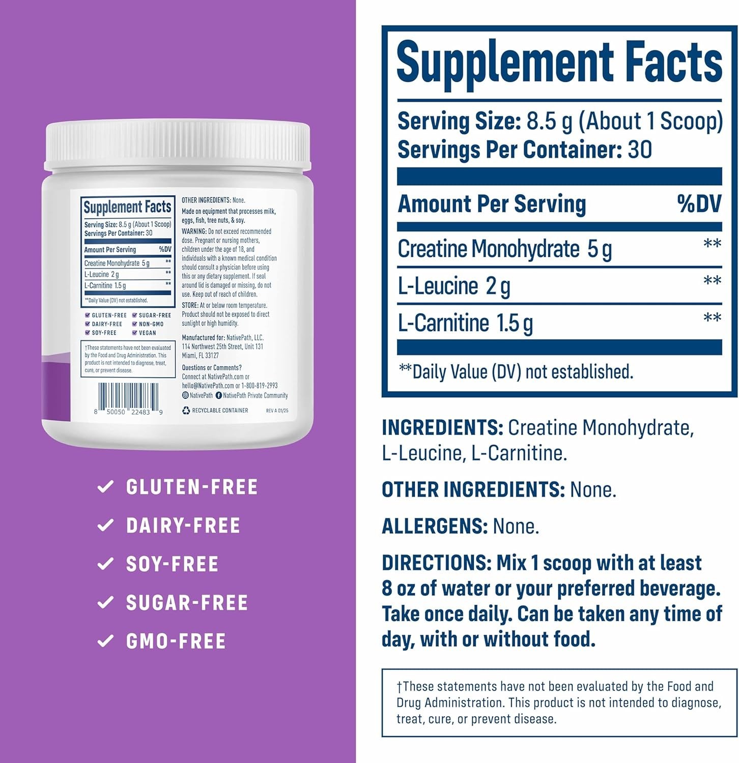 Creatine Monohydrate Powder with L-Leucine & L-Carnitine – 30 Servings
