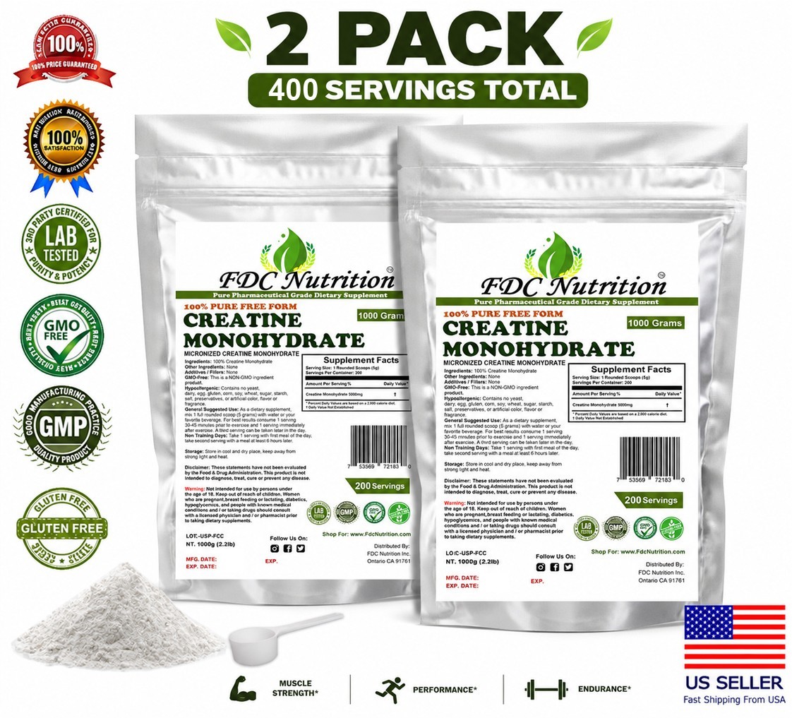 Creatine Monohydrate Powder TWO bags 1000g (2.2 lb) Micronized by FDC NUTRITION