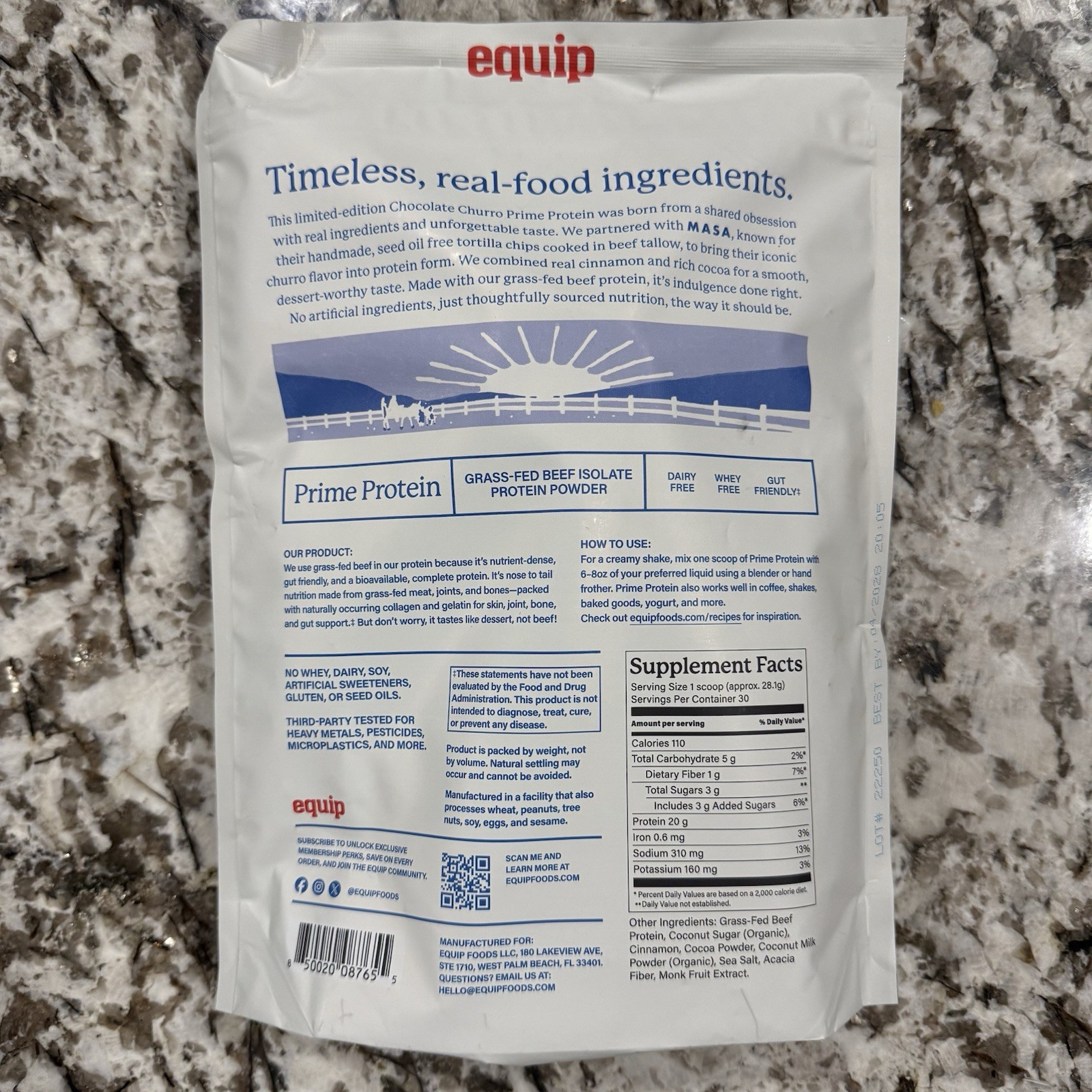 Equip x MASA Chocolate Churro Grass-Fed Beef Protein Powder 29.8oz NEW