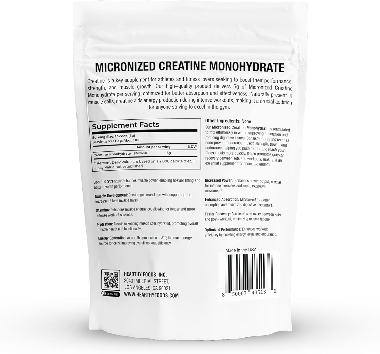 HEARTHY FOODS Creatine Monohydrate Micronized Powder 500G – 100 Servings, 5000mg