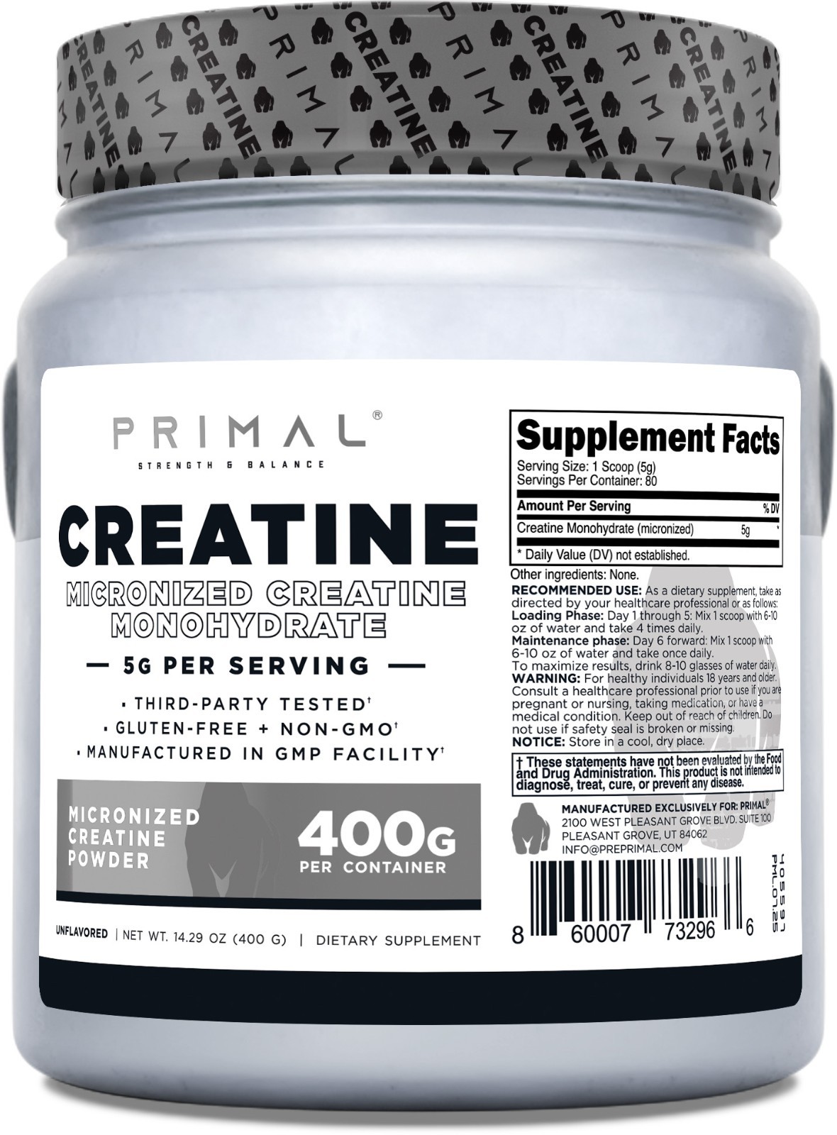 Primal Creatine Monohydrate Powder (400 Grams) (Unflavored) (5g per Serving)