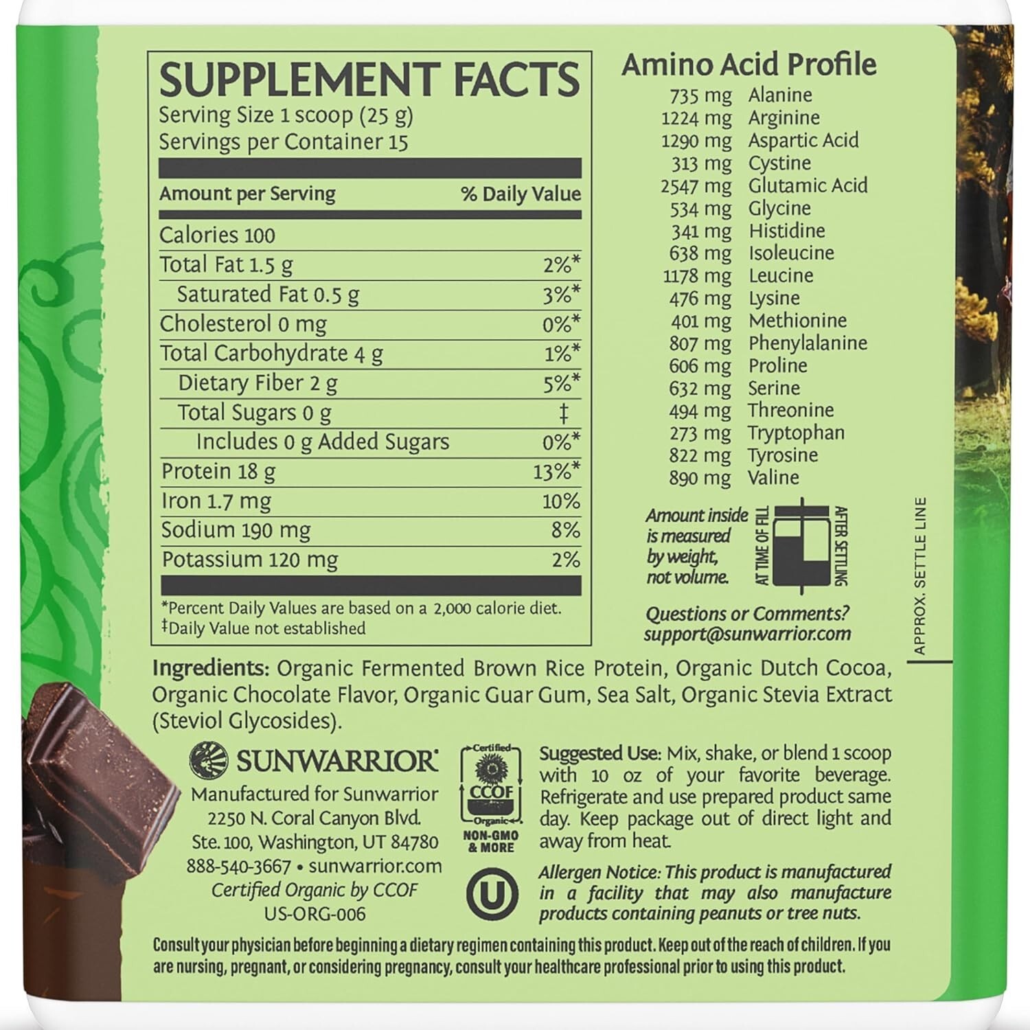 SUNWARRIOR Organic Classic Chocolate Protein, Plant-Based Protein Powder, 375g