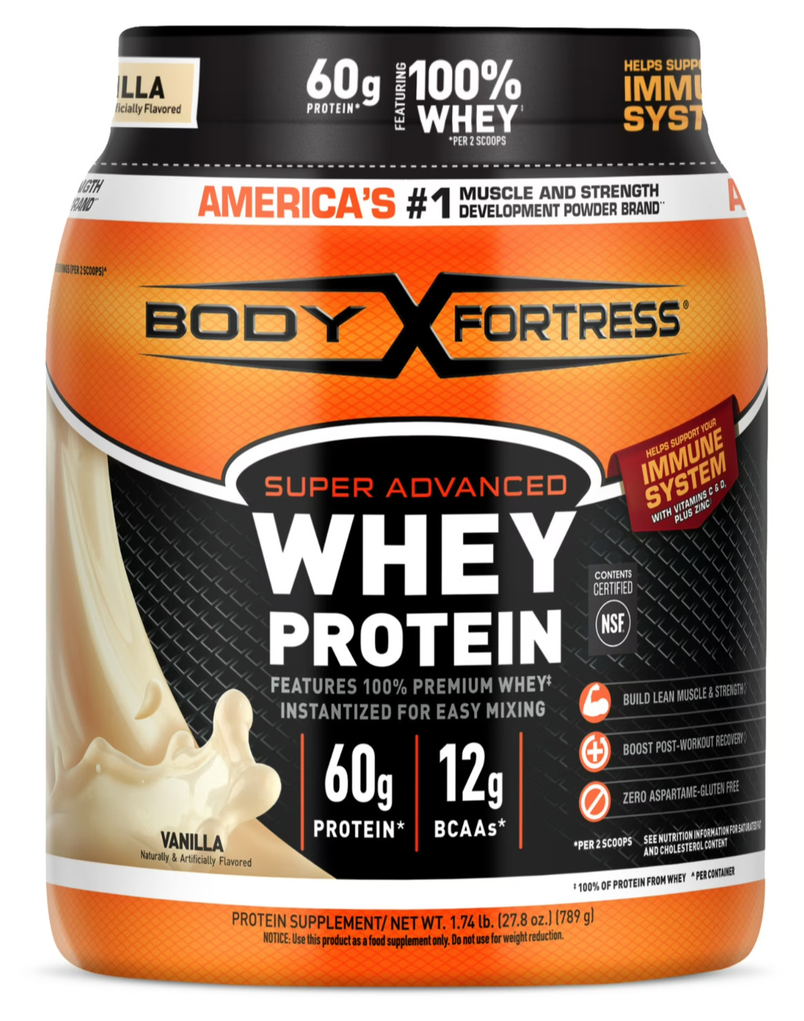 Body Fortress Super Advanced Whey Protein Powder Vanilla 1.74 lbs 60g ProteinNew