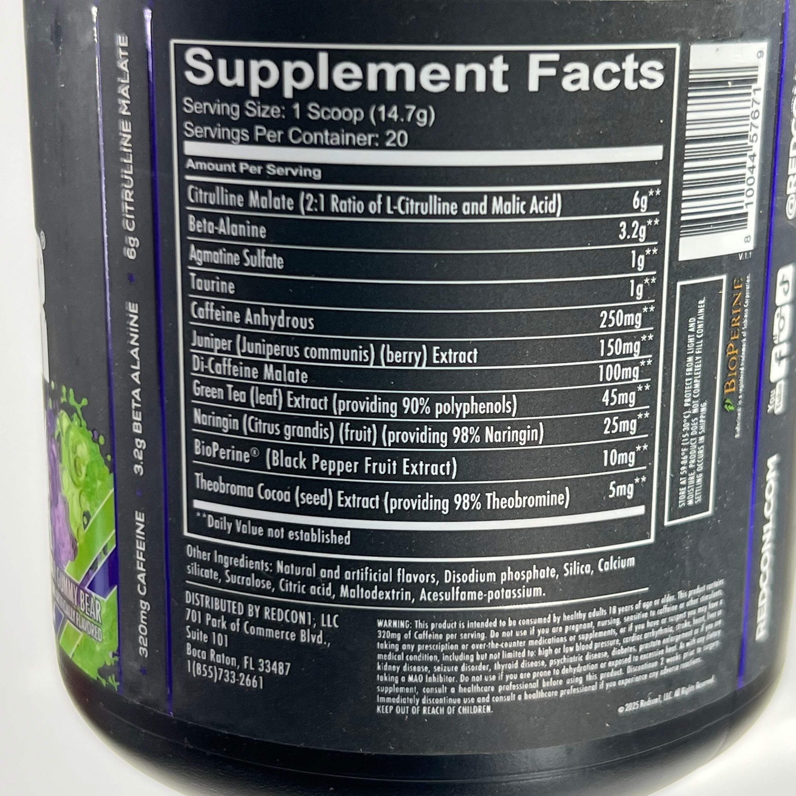REDCON1 Pre-Workout, Sour Gummy Bear 20 Serving 10.37 oz BB 11/28