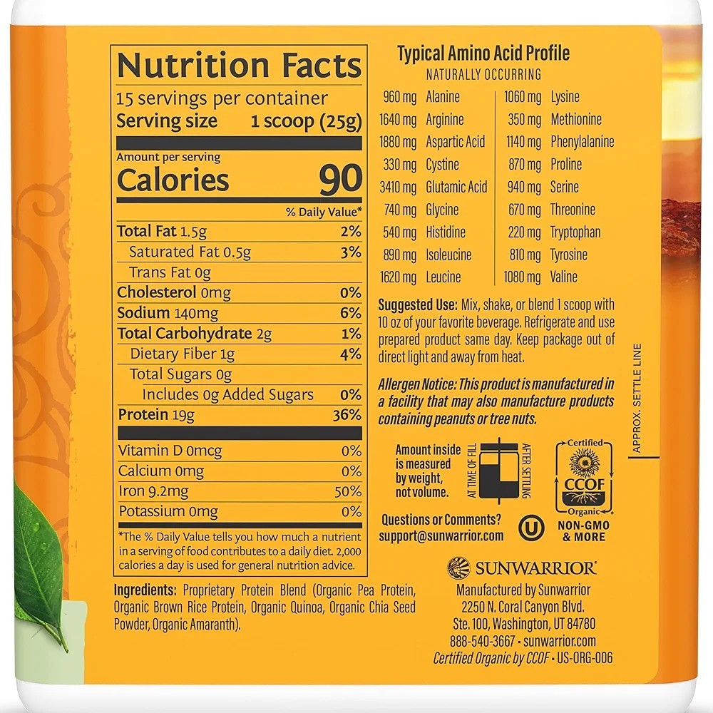 SUNWARRIOR Organic Classic Plus Natural, 13.2 oz Vegan Protein Powder Supplement