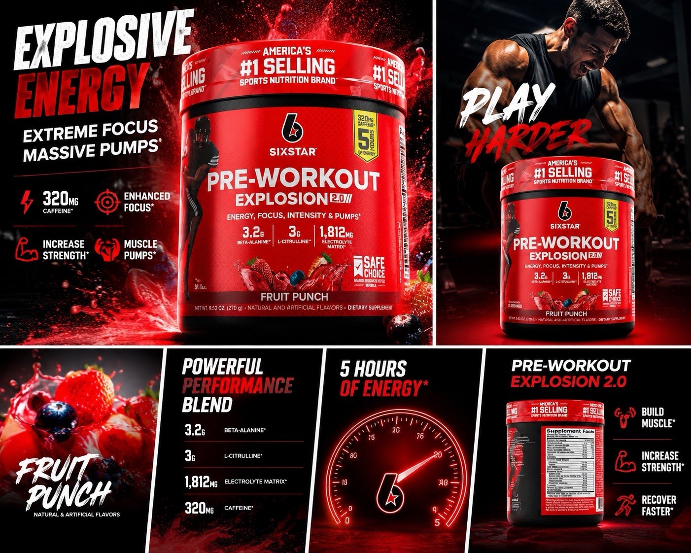 Six Star Pre-Workout Explosion 2.0 Dietary Supplement Fruit Punch 9.52oz Sealed