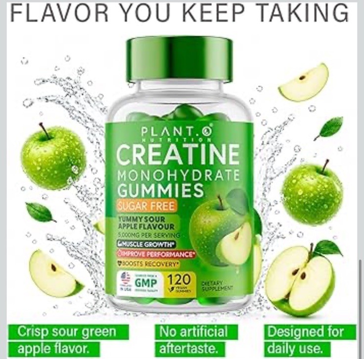 PLANT.O NUTRITION Creatine Monohydrate Gummies Sugar Free 120 Count Green Apple