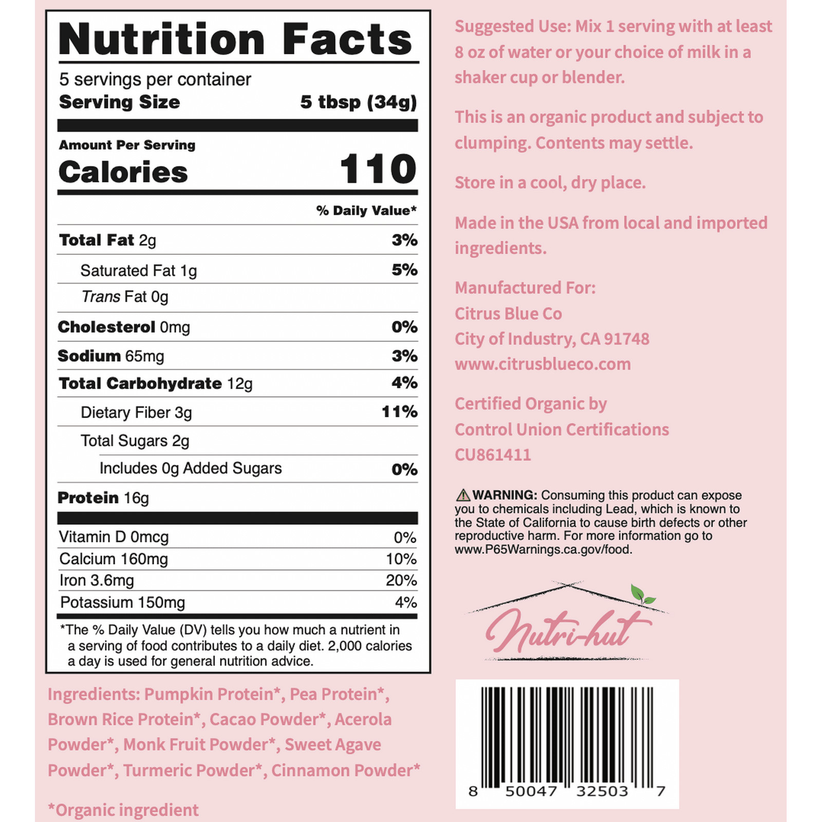 Nutri-hut VEGAN Protein Shake Mix Powder 6 oz Flavored