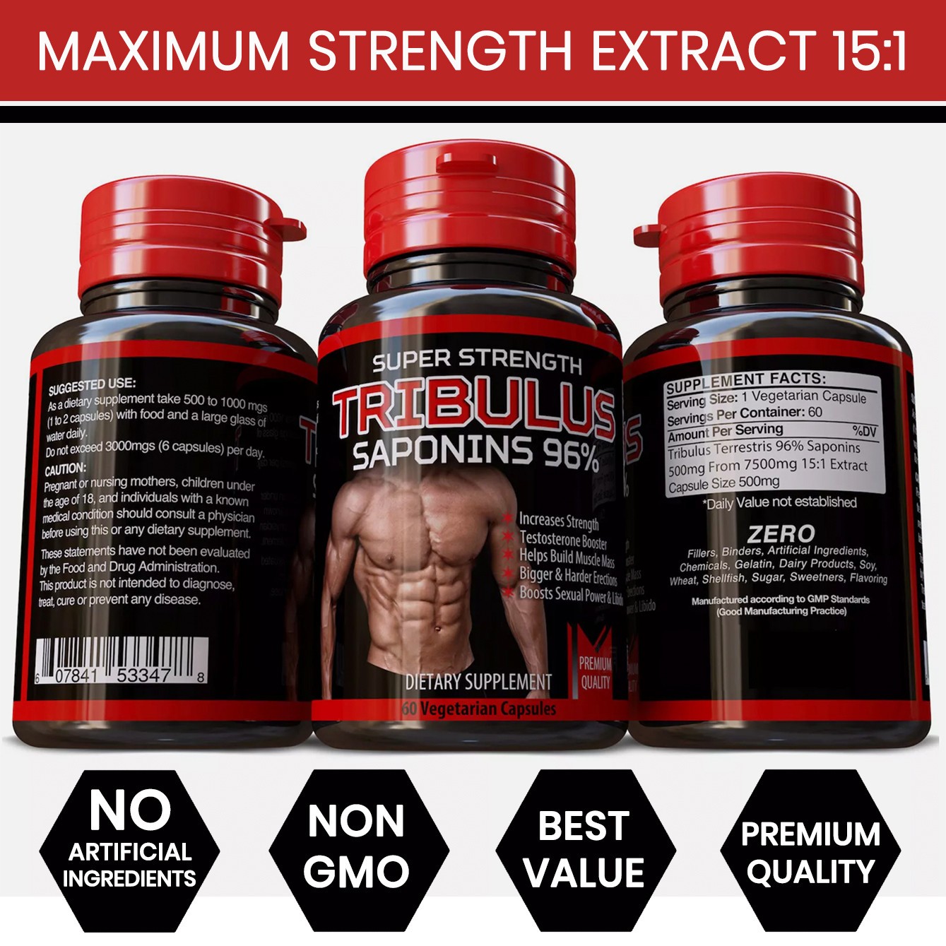 180 TRIBULUS TERRESTRIS STRONGEST EXTRACT PILLS TESTOSTERONE 96% SAPONINS 7500mg