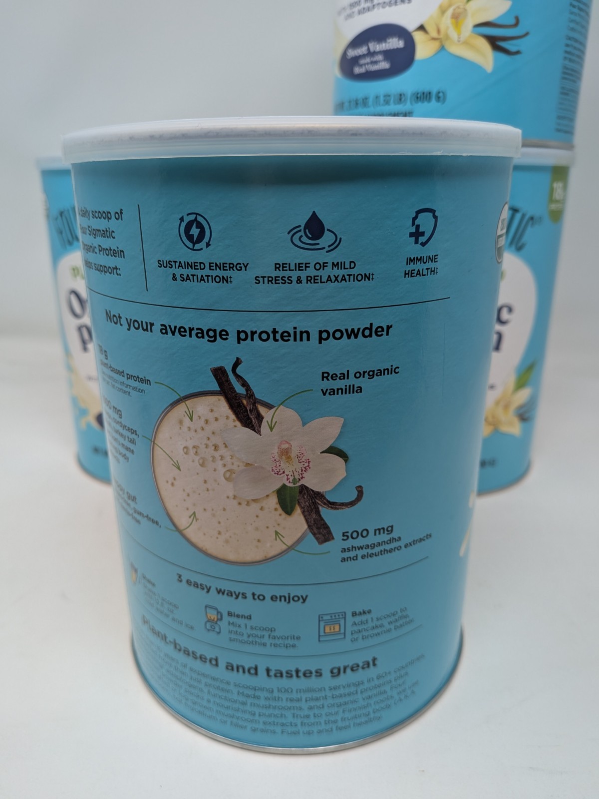 Four Sigmatic Plant Based Organic Protein Powder 07/2026 Sweet Vanilla (4 Cans)