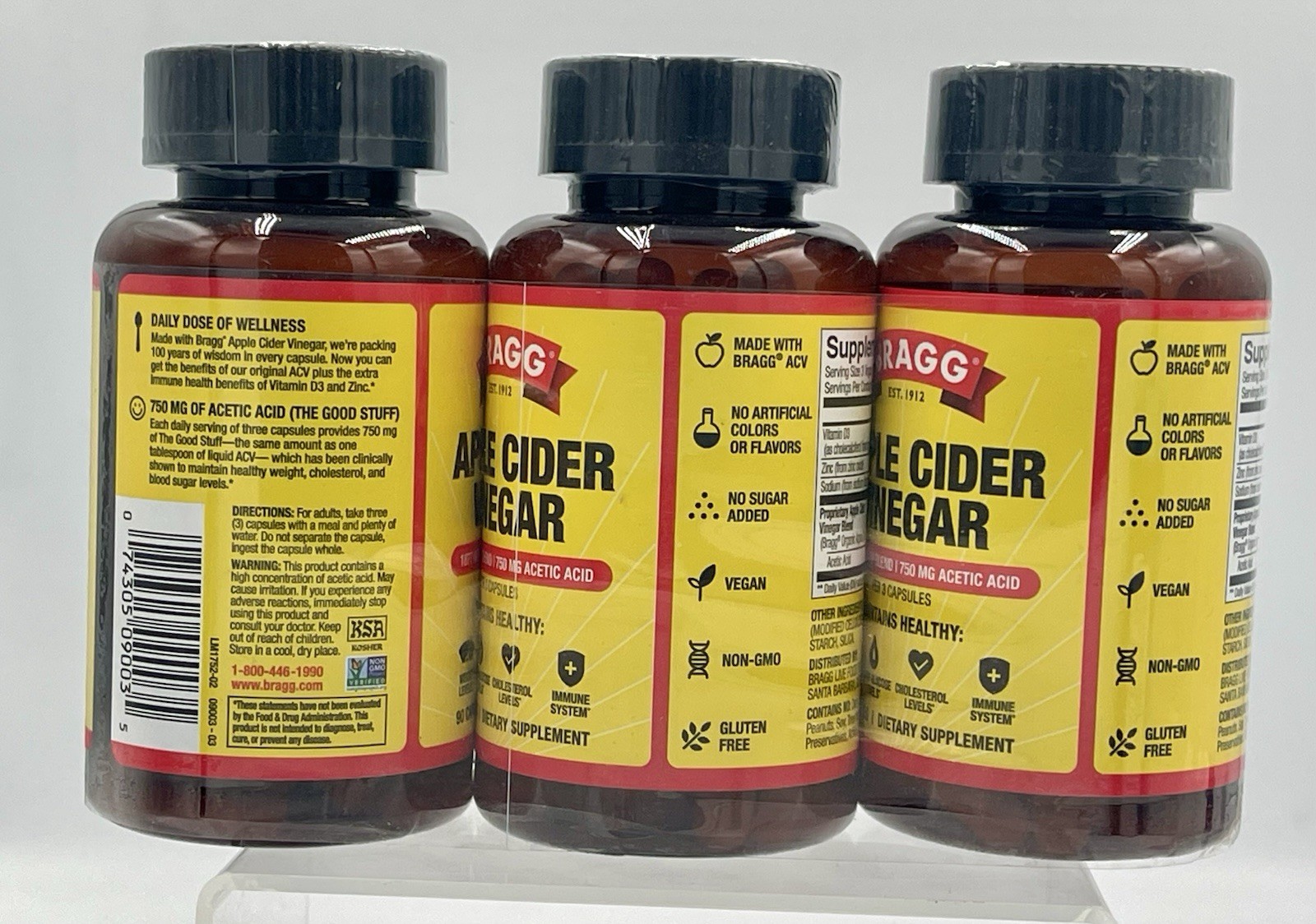 Lot of 3 Bragg Apple Cider Vinegar 90 Capsules Each Dietary Supplement EXP 03/27