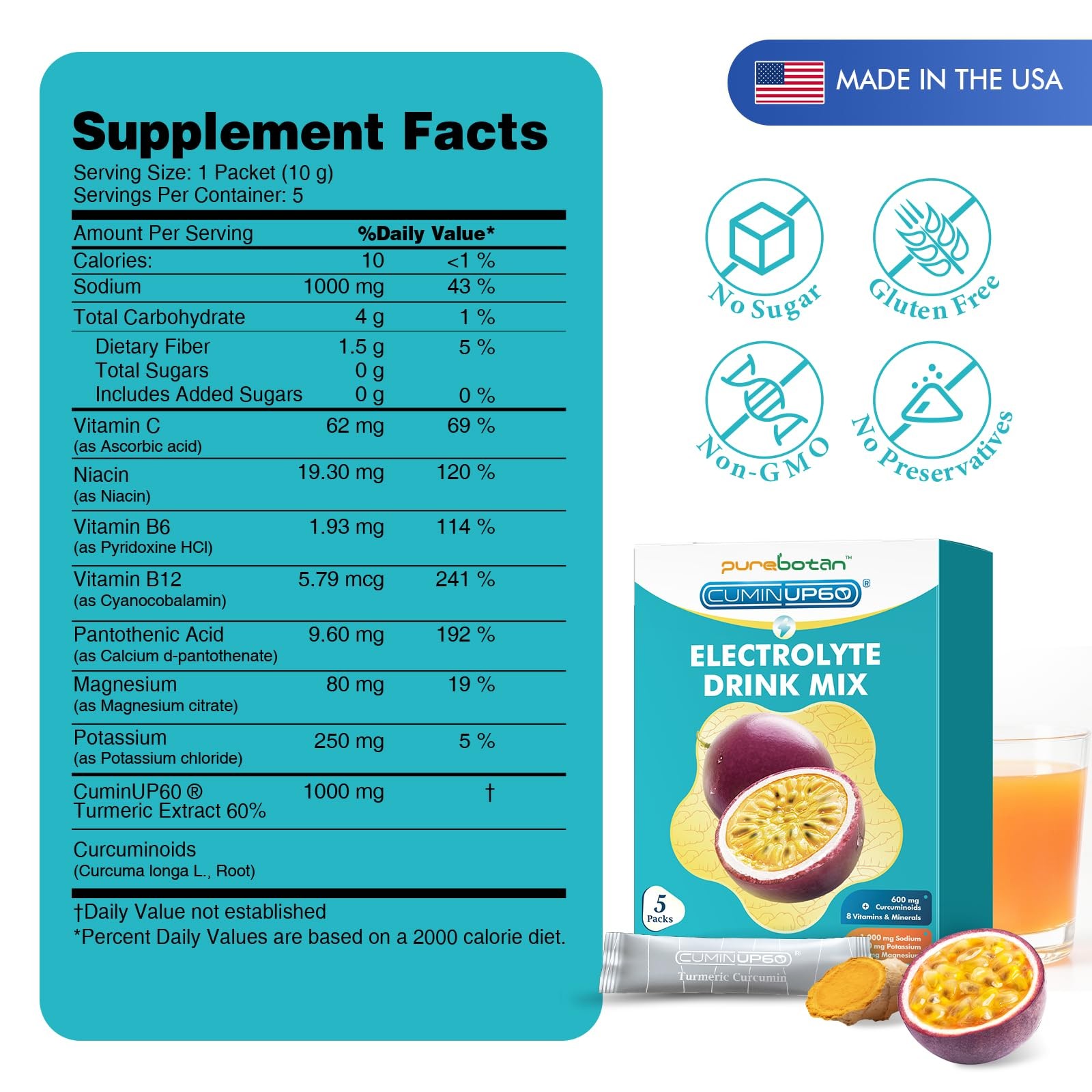 PureBotan Hydration Packets Sugar Free, Passion Fruit 0.35 Ounce (Pack of 5)