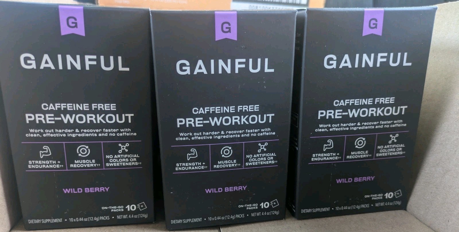 Lot Of Three Gainful Caffeine Free Pre-Workout Wild Berry 4.4 oz Exp 05/2026