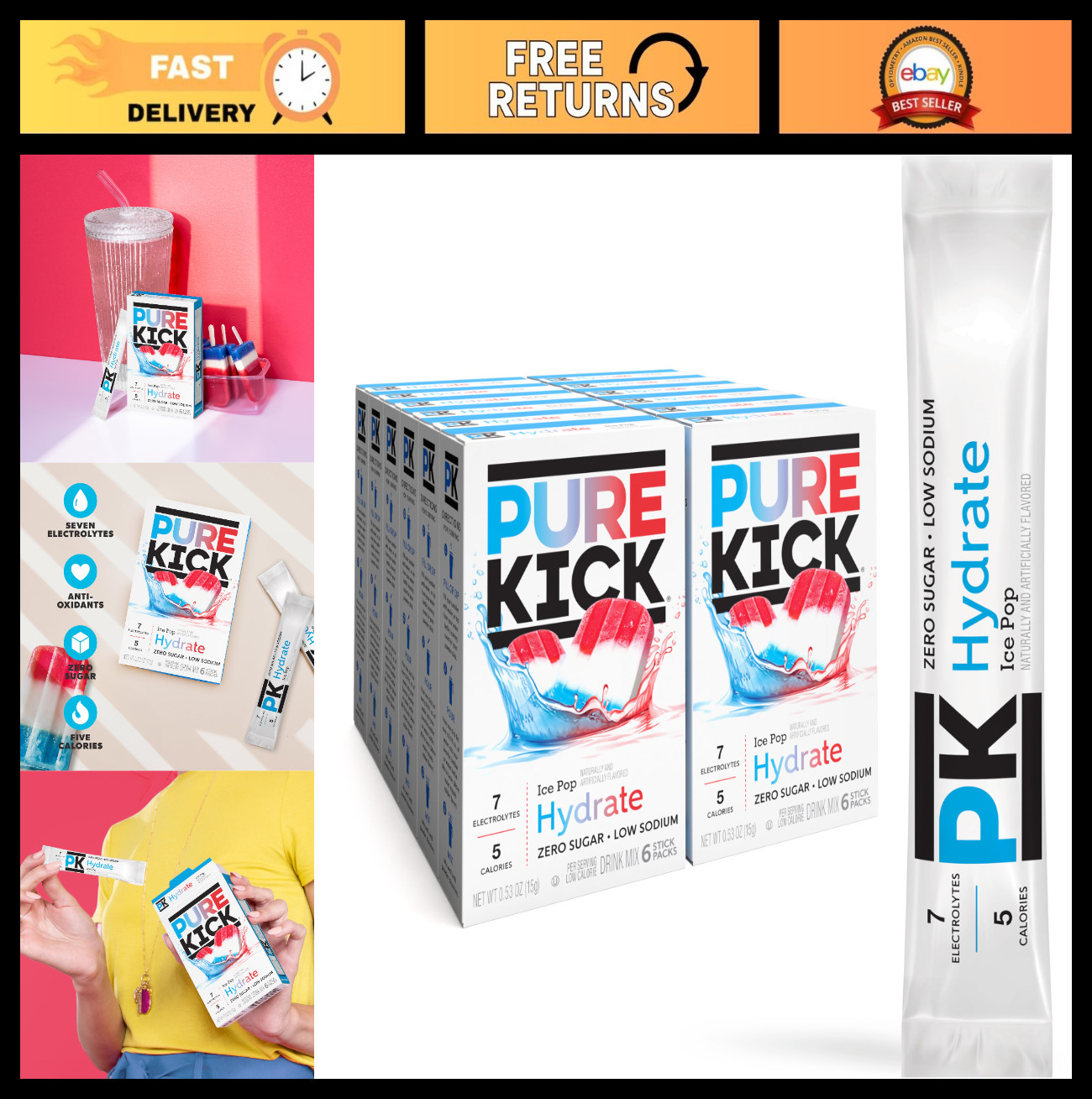 Hydration Drink Mix Singles – Ice Pop Flavor, 72 Packets, 12 Boxes, On-the-Go!