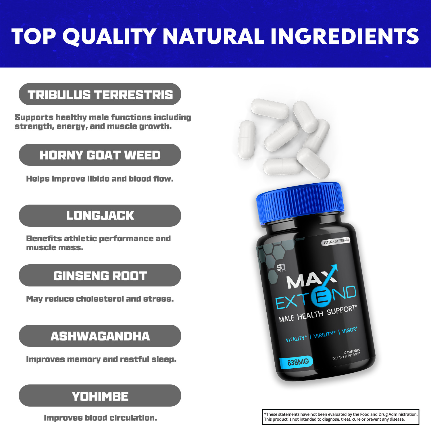 Max Extend Male Health Support Pills to Boost Vitality Virility Vigor 1 Pack