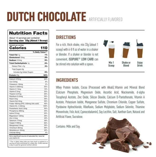 Isopure Low Carb Whey Isolate, Dutch Chocolate, 14 Servings