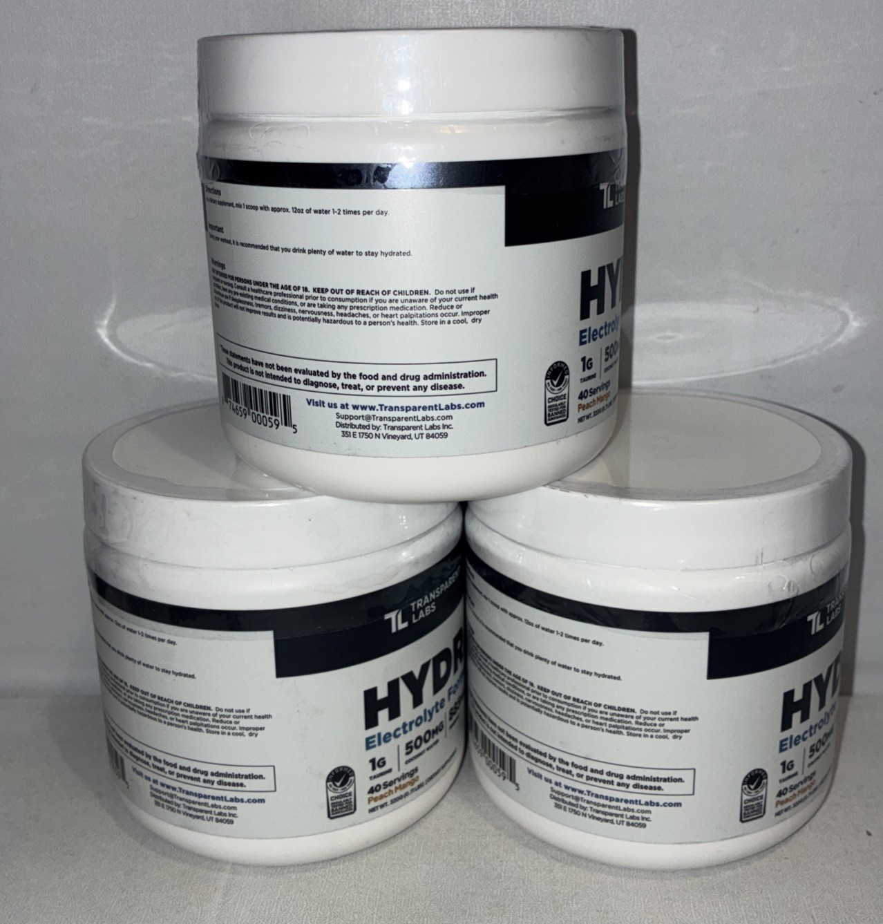 Lot Of 3-Transparent Labs Hydrate Electrolyte Formula Peach Mango/40 Servings Ea