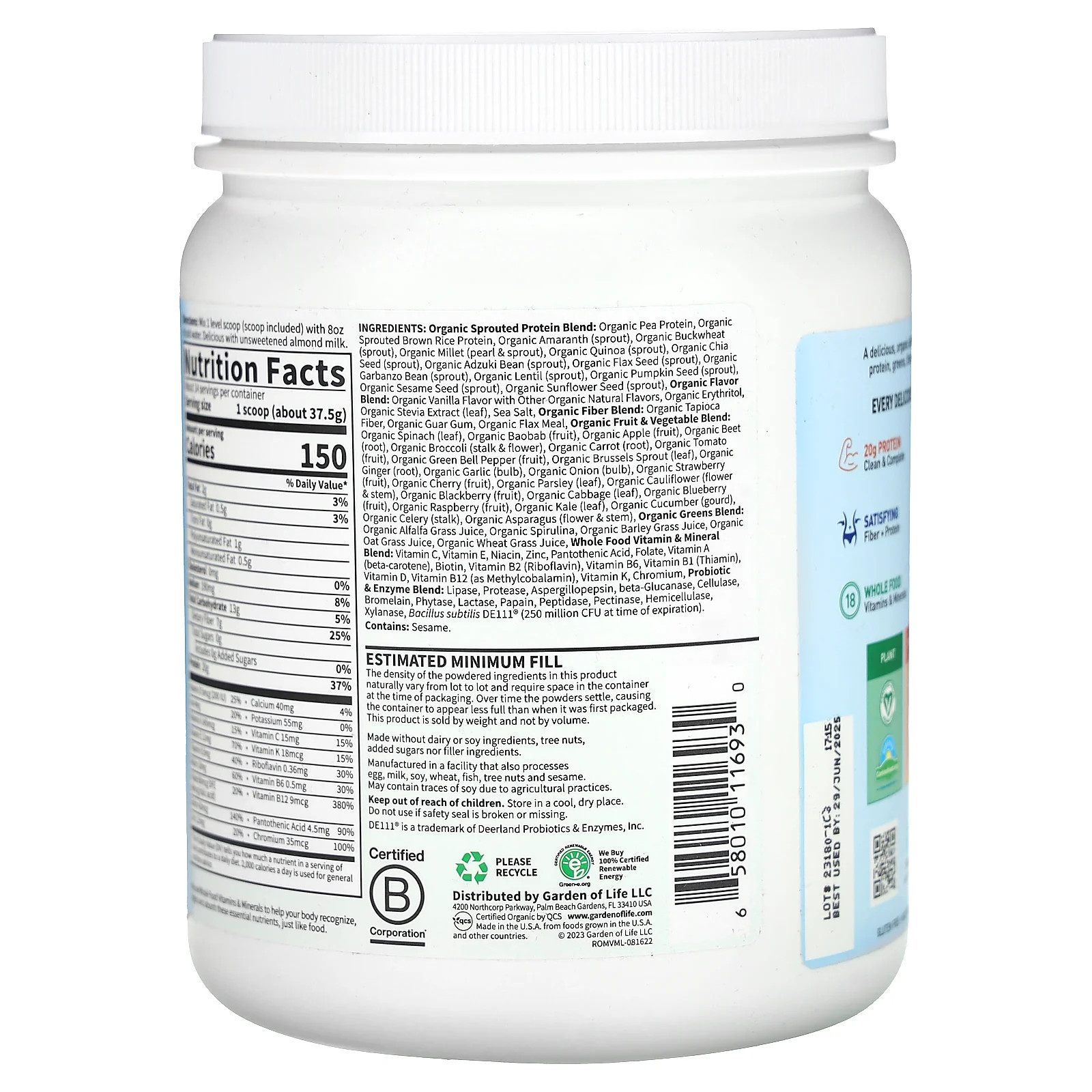2 X Garden of Life, RAW Organic Meal Replacement Shake, Vanilla, 18.52 oz (525