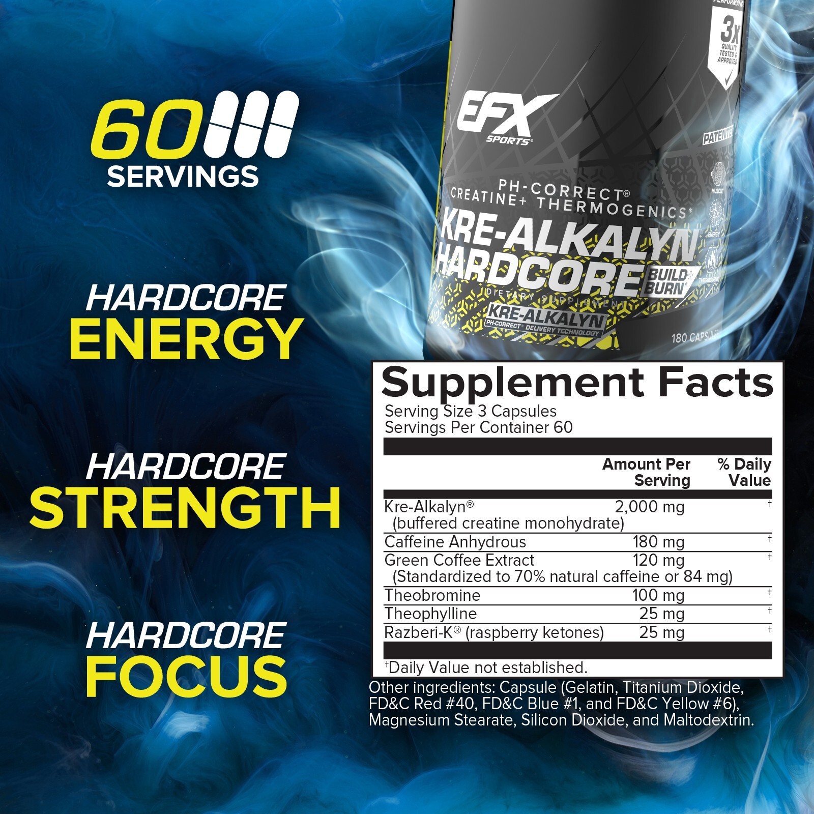EFX KRE ALKALYN HARDCORE Creatine Energy Fat Loss Caffeine VALUE SIZE 180 Caps