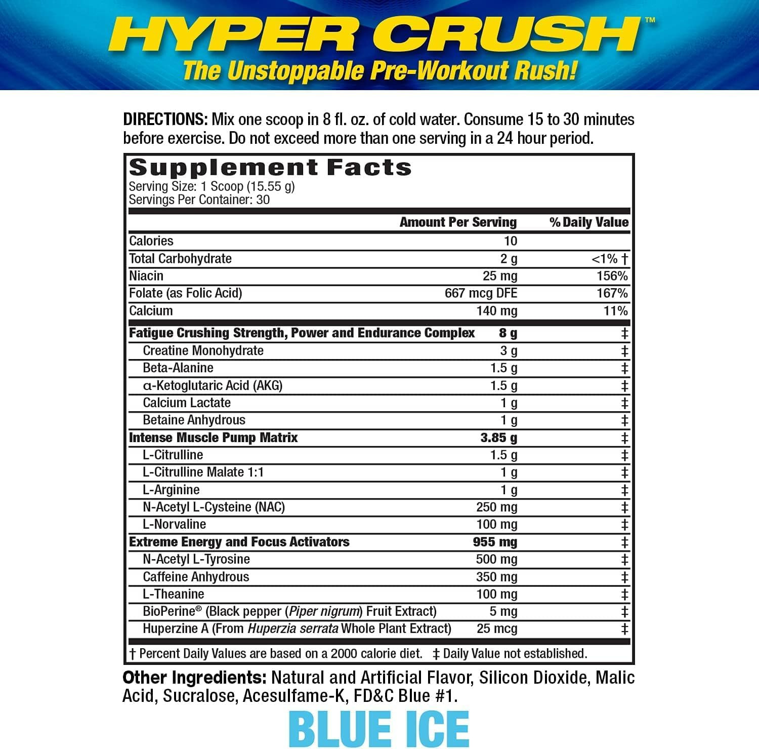 MHP HYPER CRUSH Pre Workout Energy Drink Creatine Beta Alanine Nitric Oxide Pump