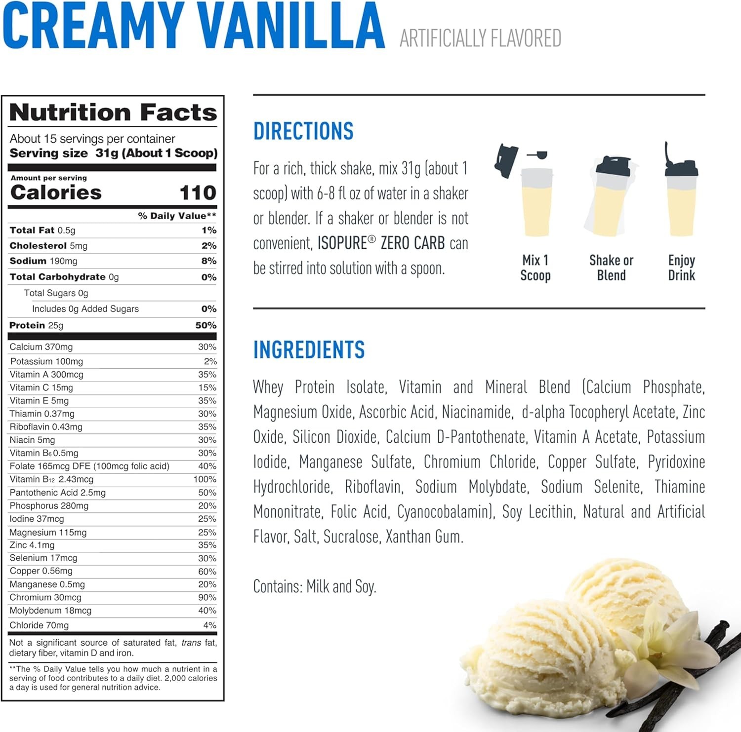 100% Pure Whey Isolate Protein Powder Zero Carb Lactose Free Creamy Vanilla 1 Lb