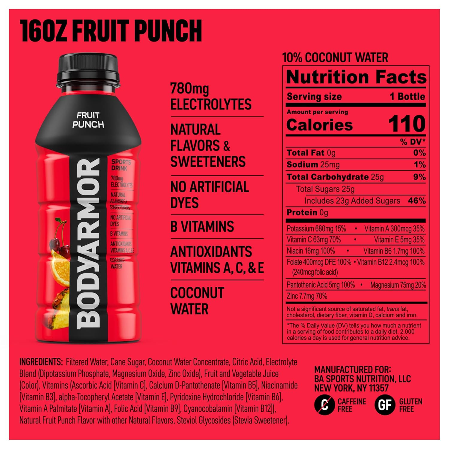 BODYARMOR Sports Drink, Fruit Punch, Electrolyte Drink Hydration, 16 Fl Oz Bottl