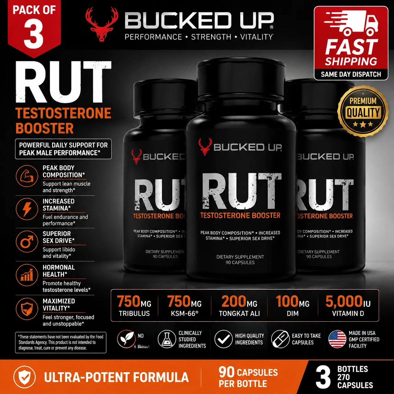 BUCKED UP RUT TESTOSTERONE BOOSTER 90 Capsules 30 Servings Hormone Balance Mood