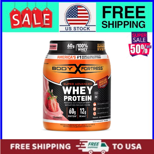 Body Fortress Super Advanced 100% Premium Whey Protein Powder Strawberry 1.78lbs