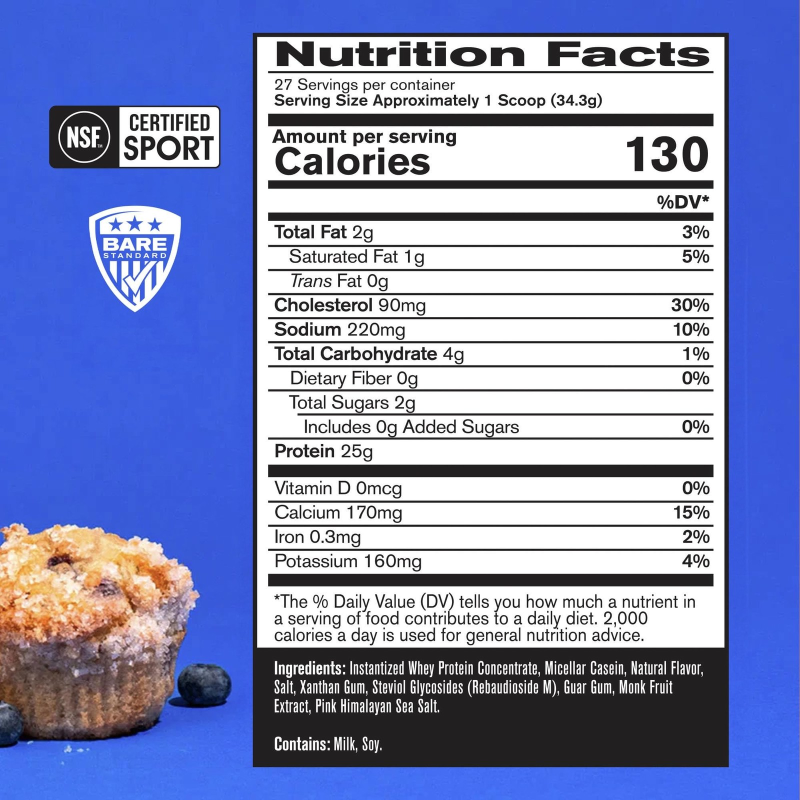 BARE PERFORMANCE NUTRITION, BPN Whey Protein Powder, Blueberry Muffin, 25g of…