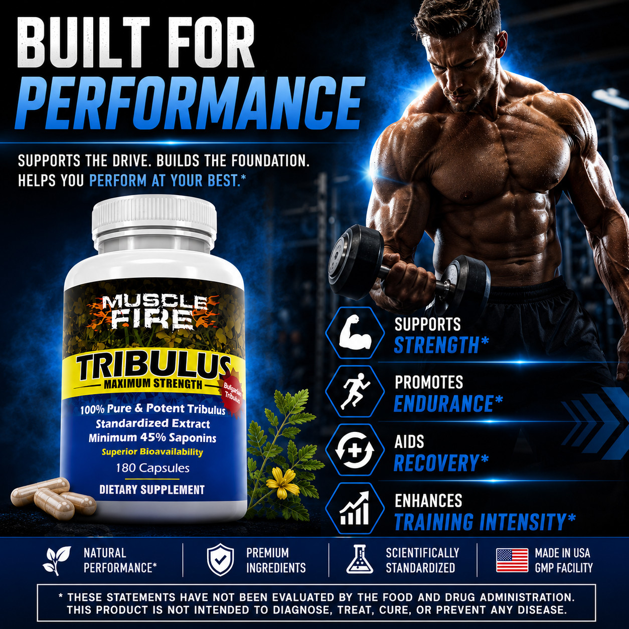 Tribulus Terrestris for Men 1500mg 45% Saponins 180 Powder Capsules