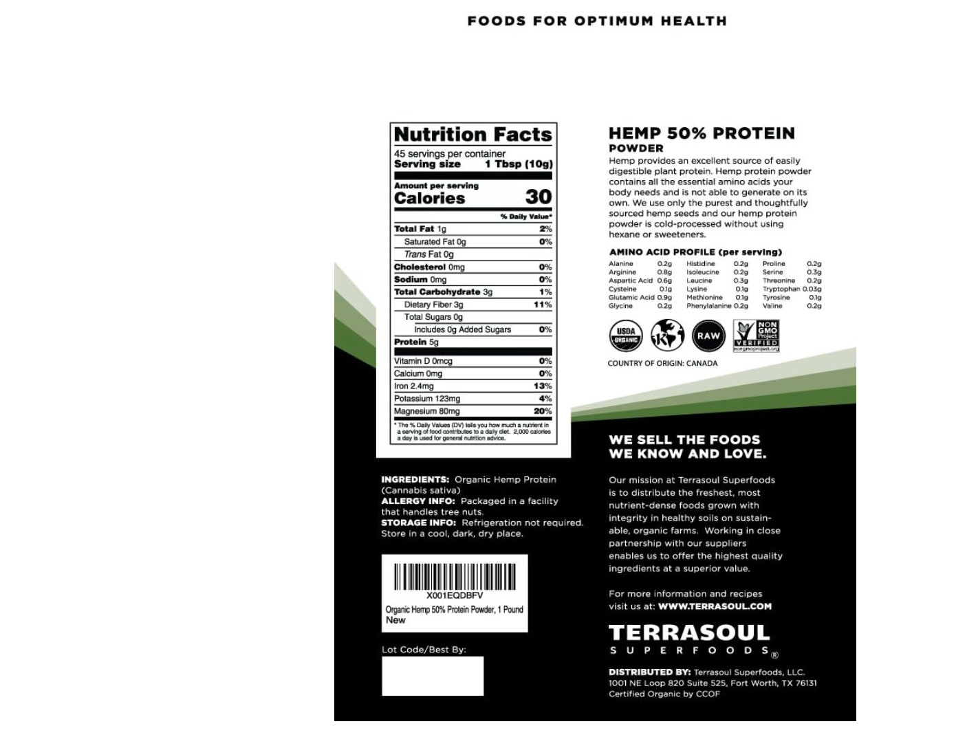 Terrasoul Superfoods Organic Hemp Protein Powder (50% Protein), 2 Pounds