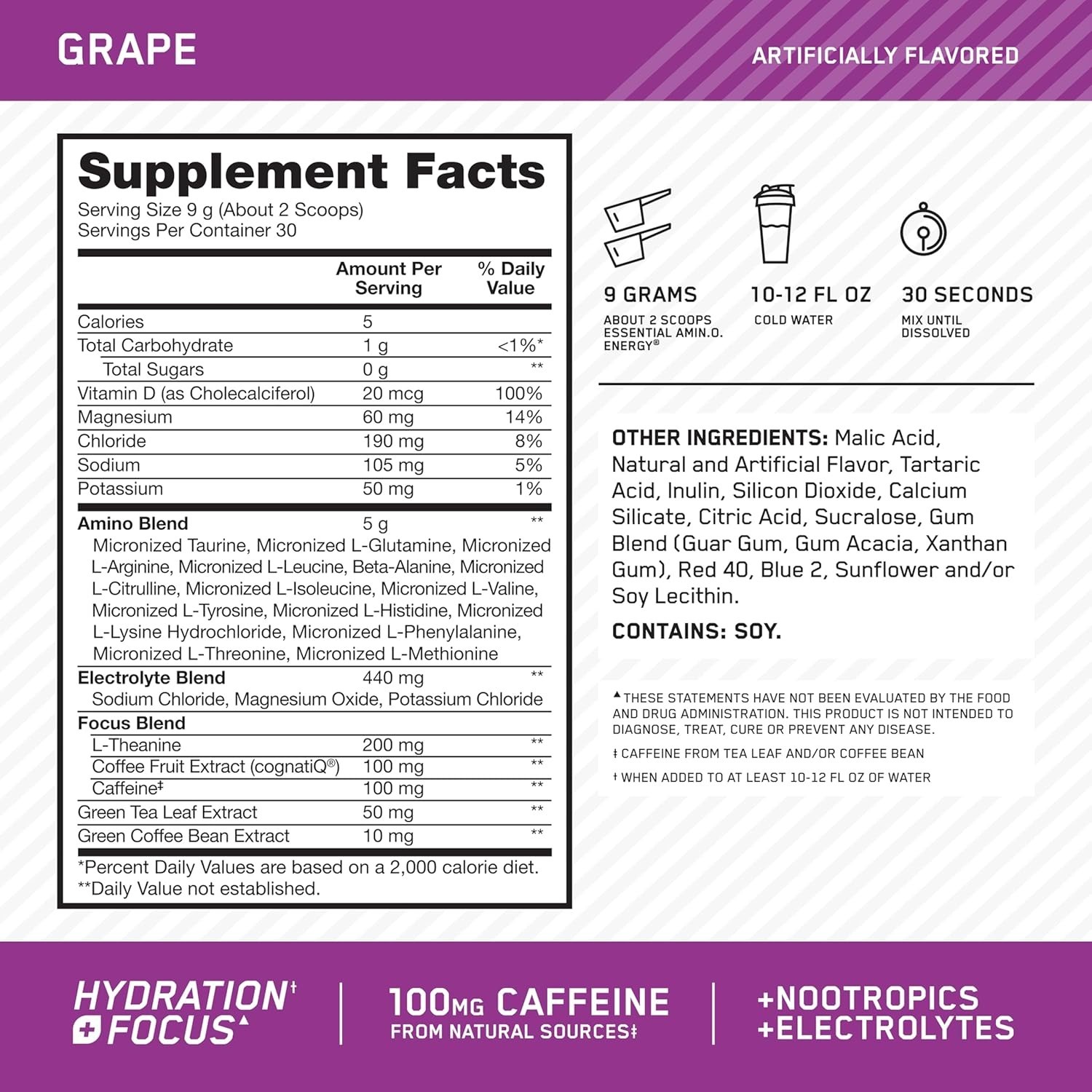 Optimum Nutrition Amino Energy Powder Plus Focus, with BCAA, Electrolytes