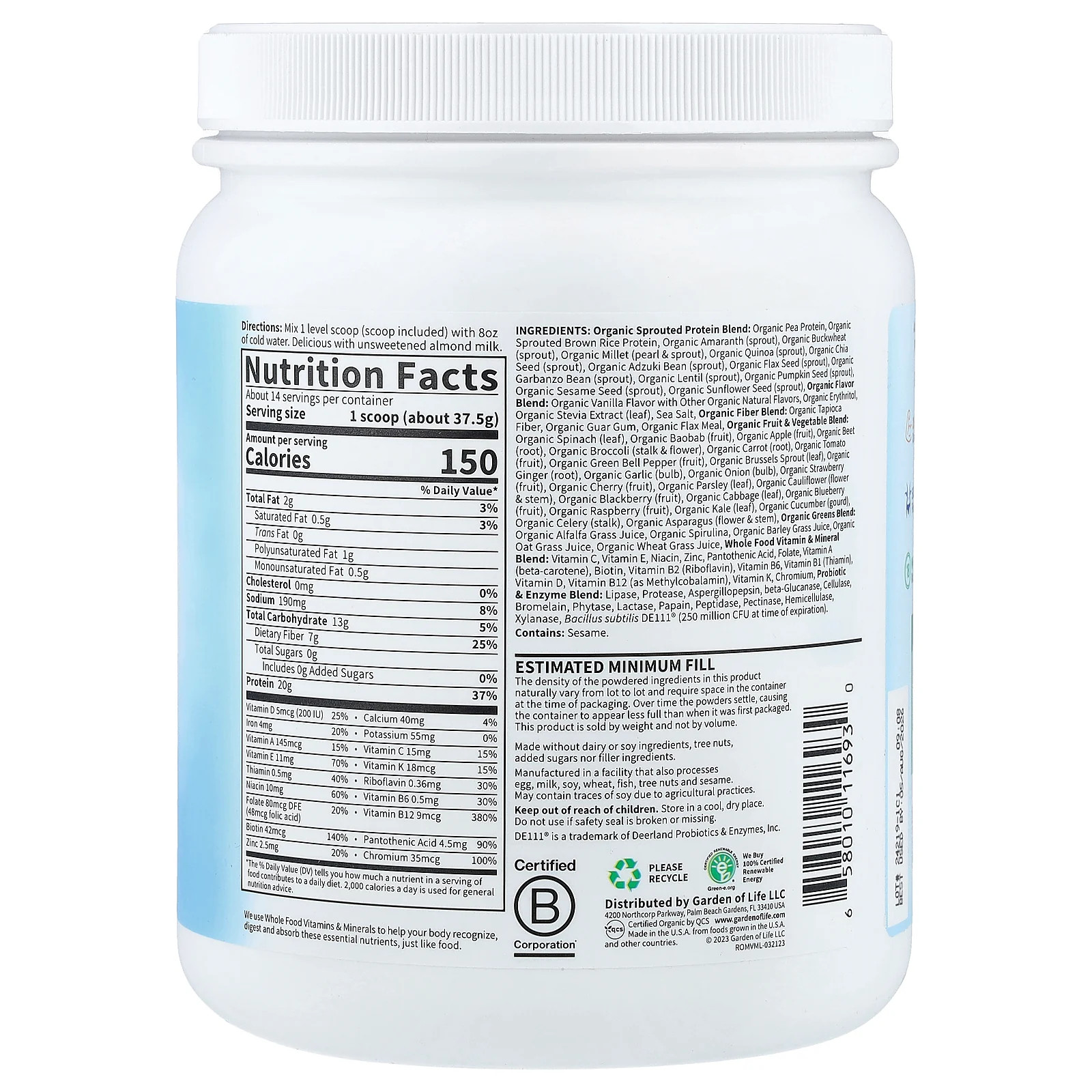 2 X Garden of Life, RAW Organic Meal Replacement Shake, Vanilla, 18.52 oz (525