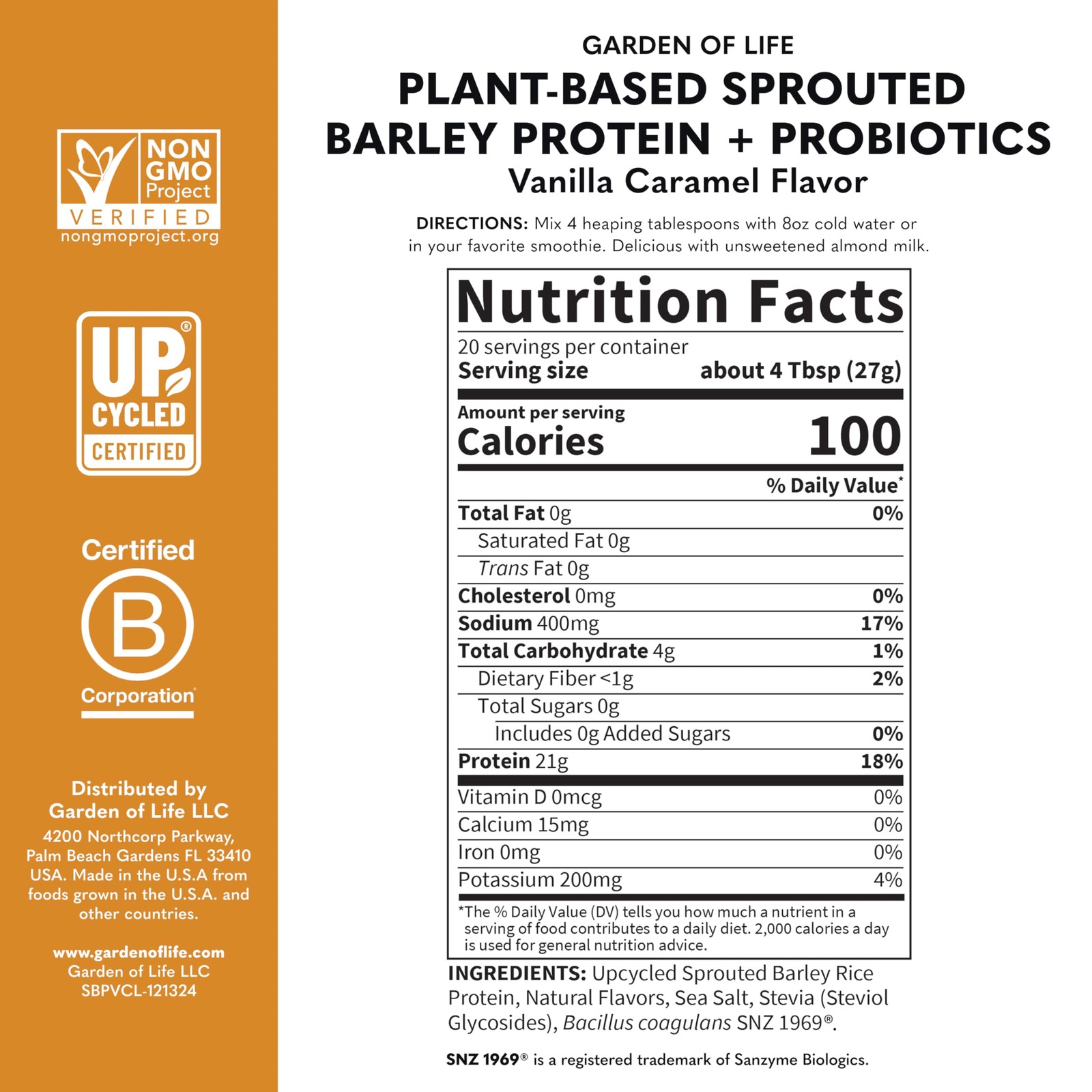 Garden Of Life Plant-Based Sprouted Barley Protein Vanilla Caramel 21G Protein
