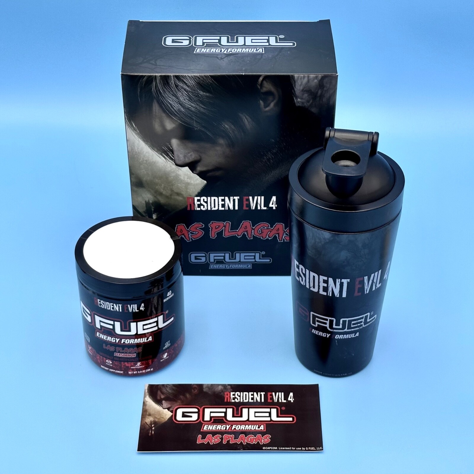 G Fuel Resident Evil 4 Leon Las Plagas Collector’s Box + Tall Metal Shaker Cup