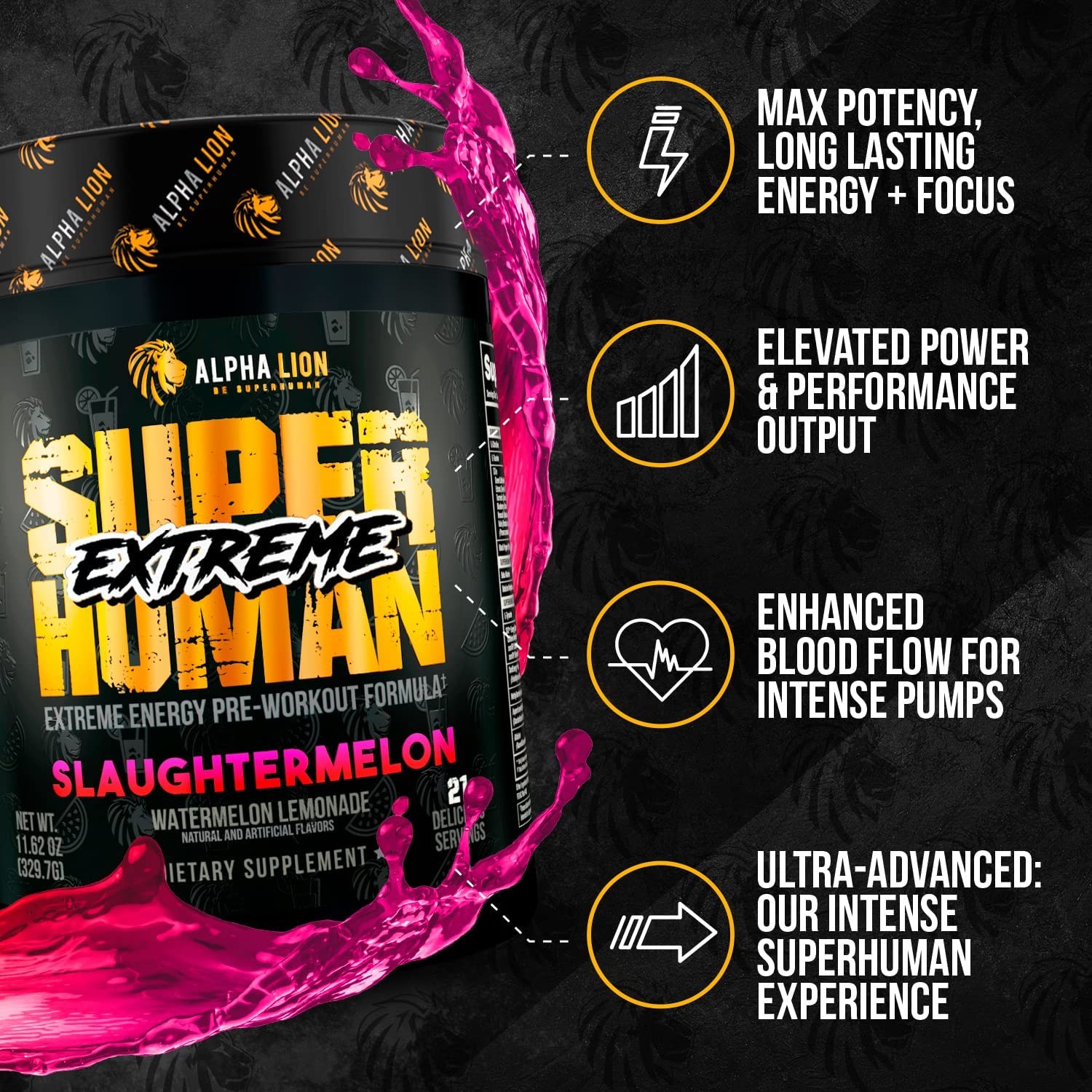 Alpha Lion Superhuman Extreme Pre-Workout Intense, Slaughtermelon (21 Servings)
