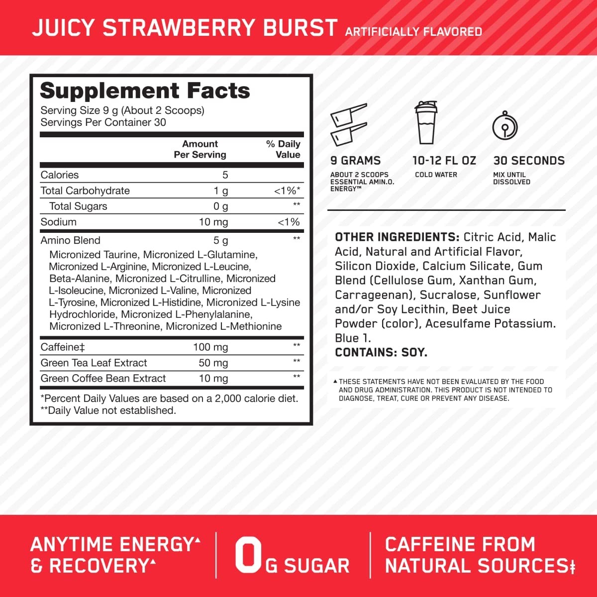 Amino Energy Pre Workout Powder – BCAA, Green Tea, Keto Friendly, Strawberry Bur