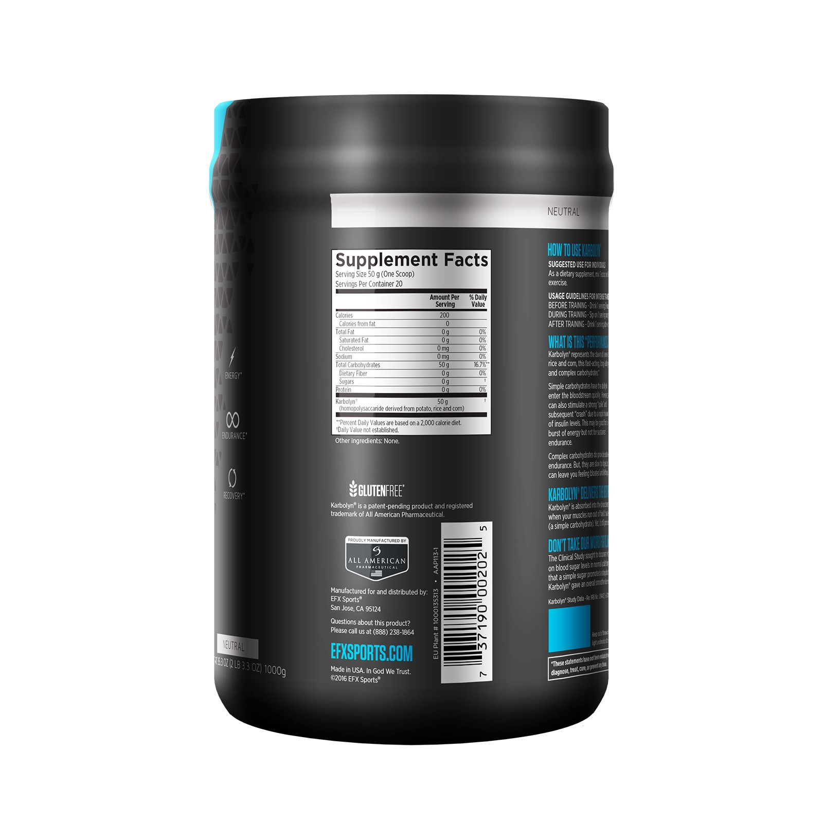 EFX Sports Karbolyn Fuel Neutral 35 3 oz 1000 g Gluten-Free, Informed Sport,
