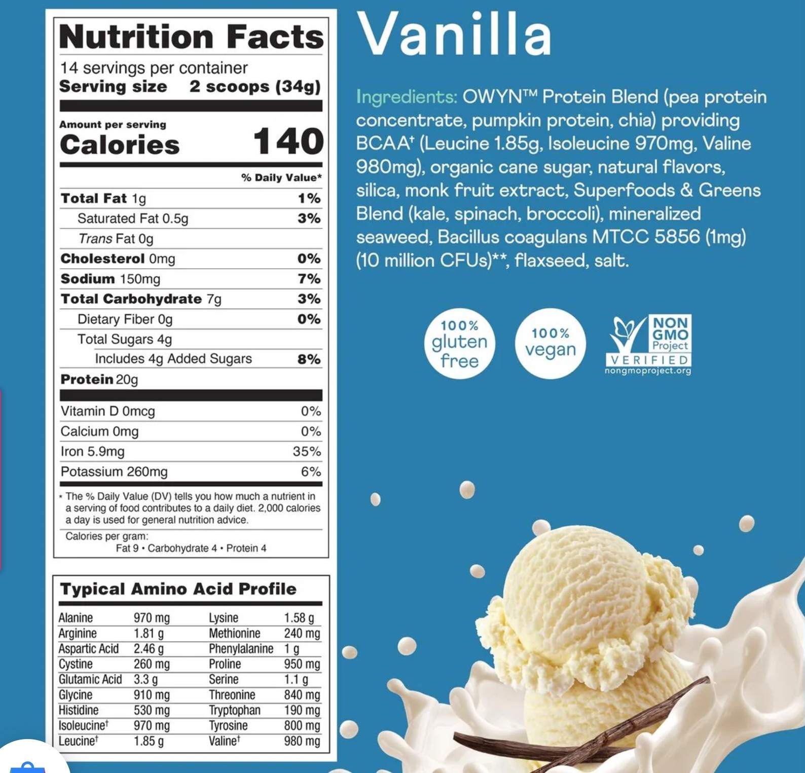 Owyn PLANT BASED PROTEIN 1lb (14 Servings) Natural Smooth Vanilla BEST BY 12/26