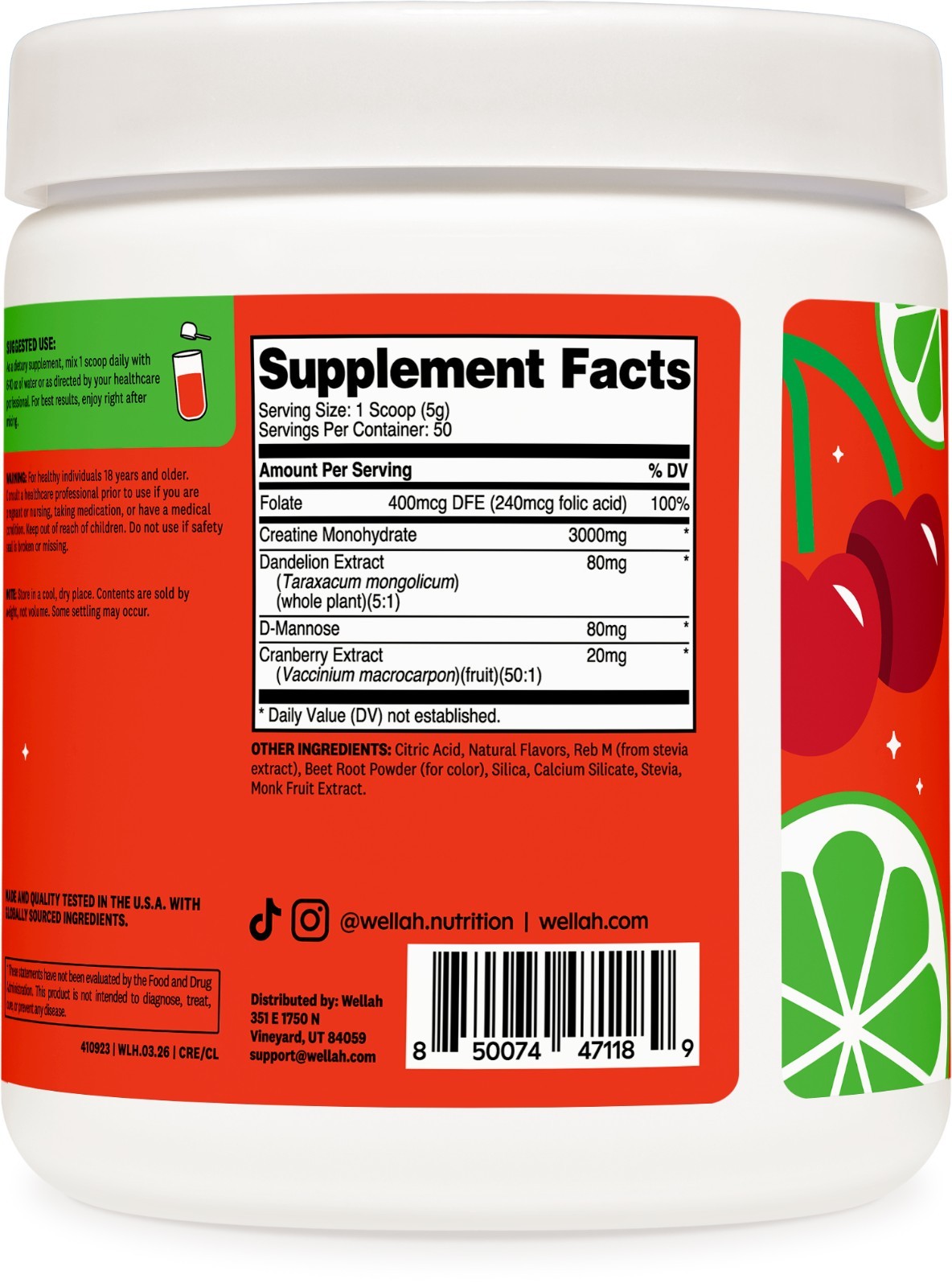 Wellah Creatine for Women (50 Servings) Cherry Limeade – 3g of Creatine