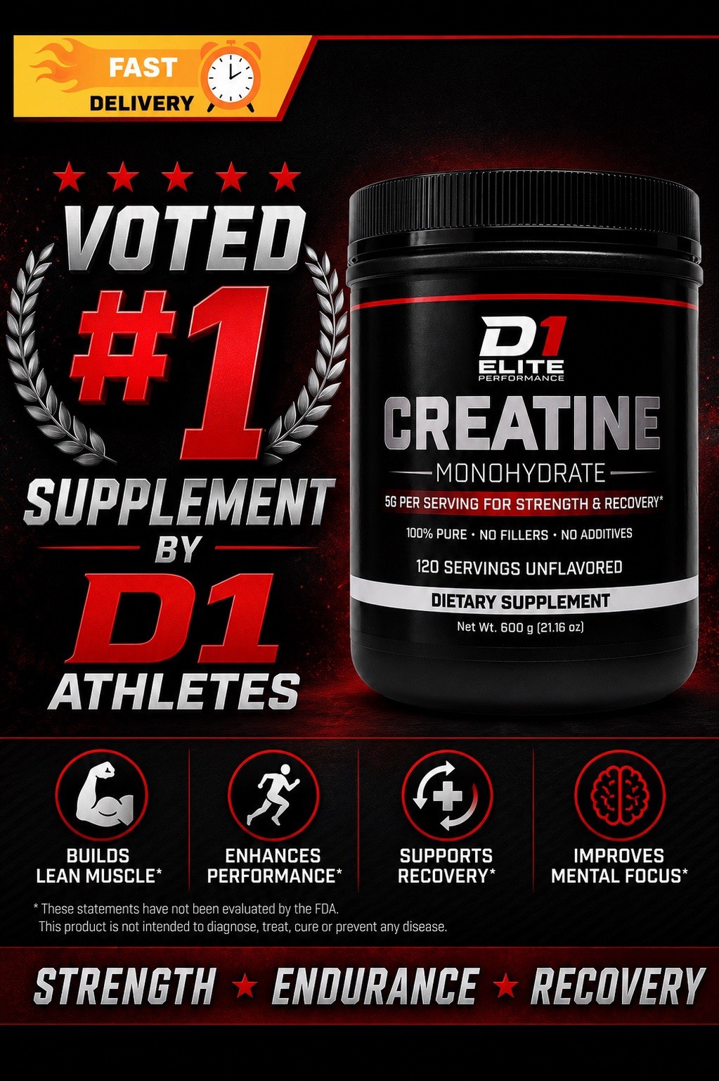Creatine Monohydrate Powder 600g 120 Servings Micronized Unflavored Recovery