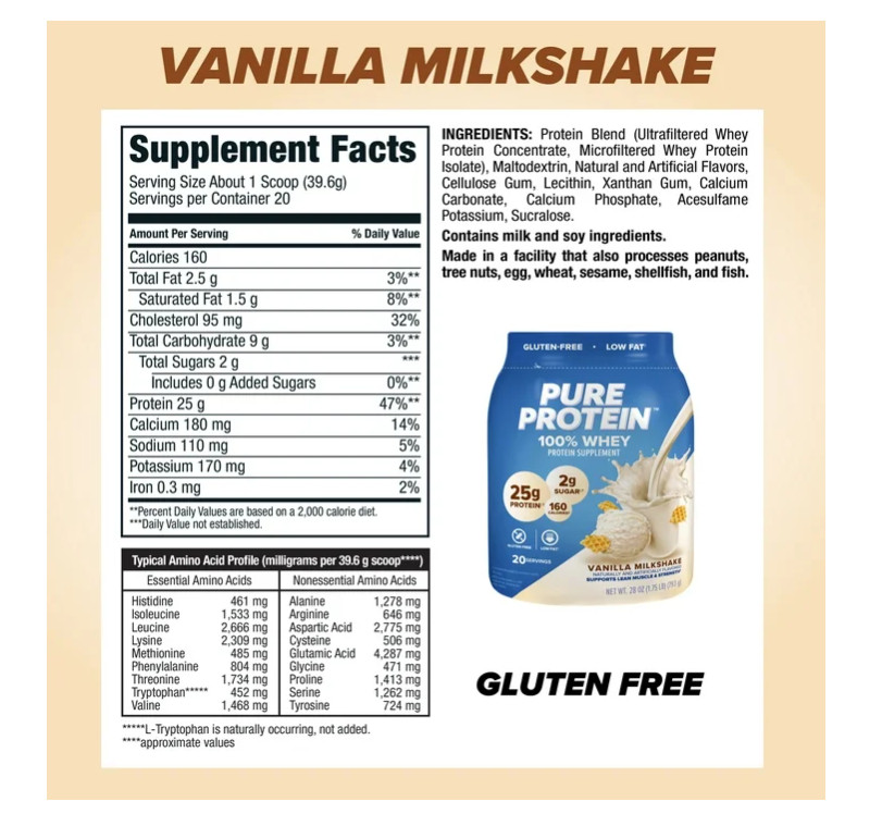 Pure Protein Whey Powder Vanilla Cream 1.75lb 25g Protein