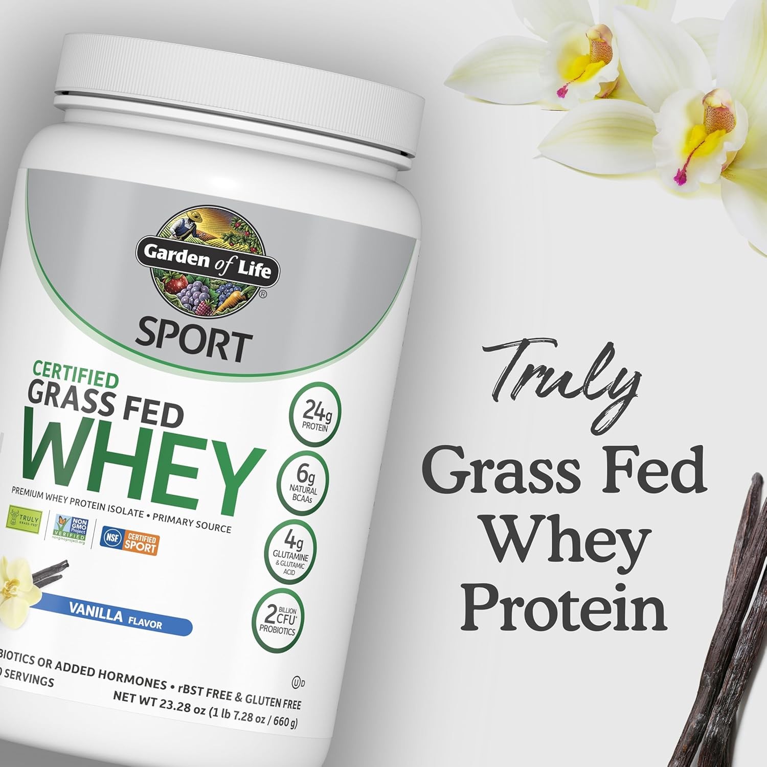 Garden of Life Sport Whey Vanilla, Grass Fed Isolate 24g Prot Probiotics 20 Serv
