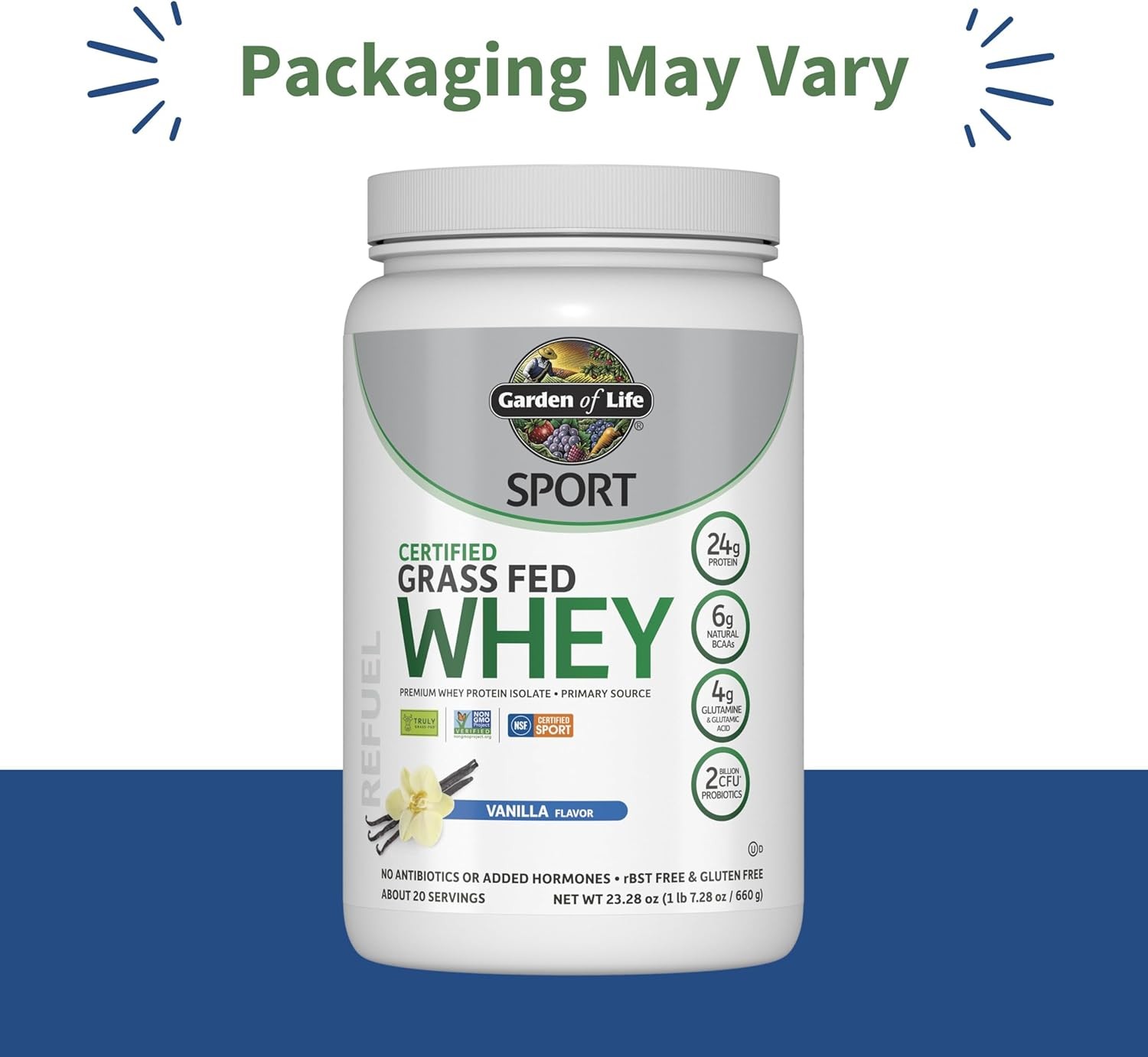 Garden of Life Sport Whey Vanilla, Grass Fed Isolate 24g Prot Probiotics 20 Serv