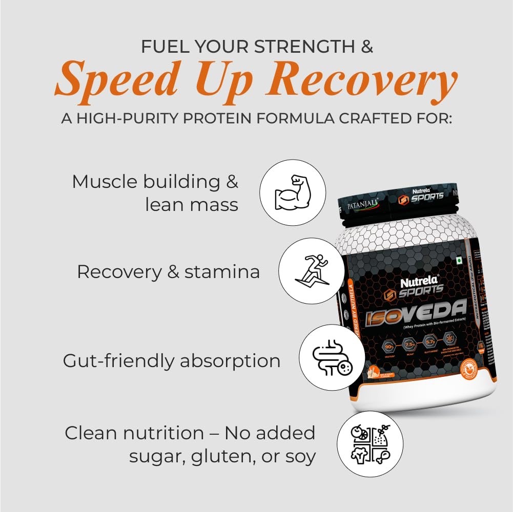 NUTRELA Sports Patanjali Whey Protein Isolate 1kg | 27g Protein Per Scoop | 7.5g