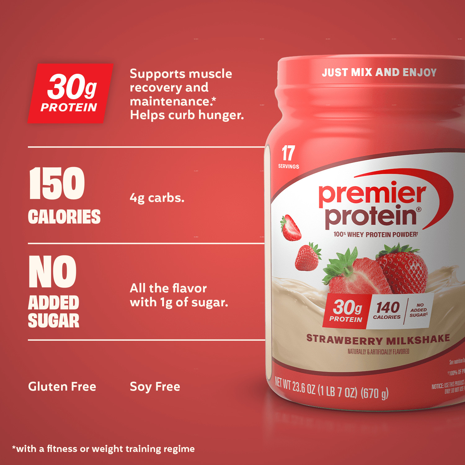 Premier Protein 100% Whey Protein Powder, Strawberry Milkshake, 30g Protein