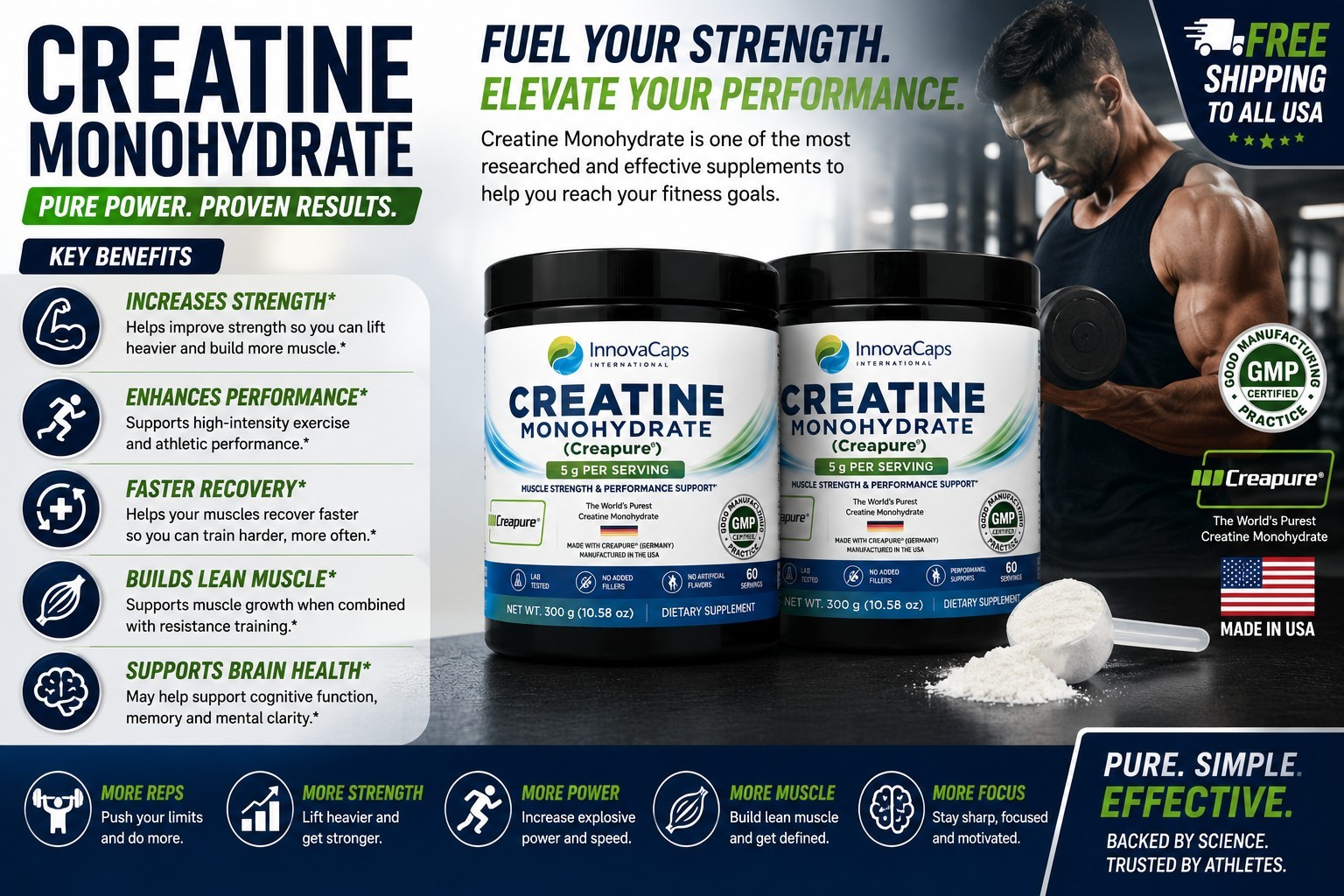 Creatine Monohydrate Creapure Powder 300g 2 Pack 5g/Serving