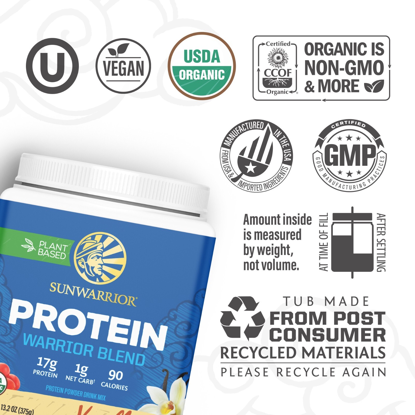 Sunwarrior Warrior Blend Organic Vegan Plant Protein Powder with BCAAs, 13.2 oz
