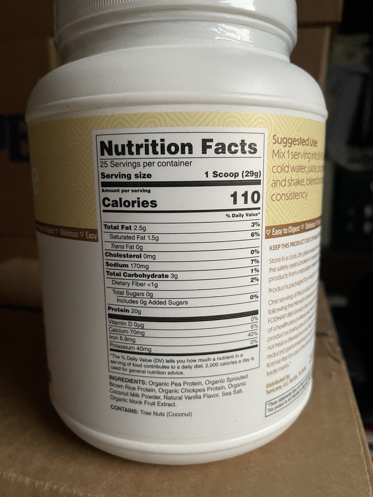 TumLove Gut-Friendly Vegan Protein Powder Vanilla 1.60 lbs Gluten Free Soy-Free