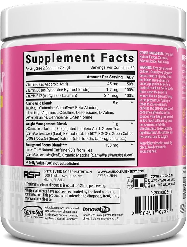 Pre Workout Amino Energy Powder Pink Lemonade Vegan BCAA Drink Mix 30 Servings